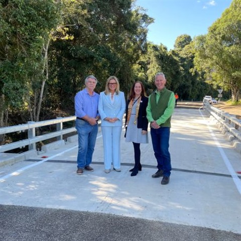 Cr Jurisevic, Mayor Stewart, Cr Finzel and Cr Wilkie at Wahpunga Lane Bridge, Kin Kin, 2022
