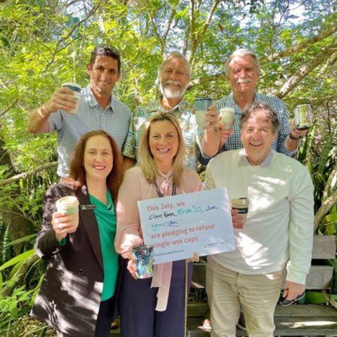 Supporting Plastic Free July are (front, L-R) Cr Karen Finzel, Mayor Clare Stewart, Cr Brian Stockwell, and (back, L-R) Waste Manager Kyrone Dodd, Cr Tom Wegener and Cr Joe Jurisevic.