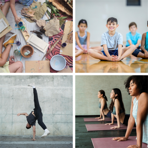 collage of yoga and art programs for kids and teens